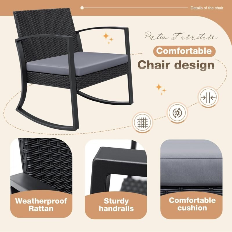 Greesum 3 Pieces Outdoor Furniture Set Patio Bistro Rocking Chairs with Glass Coffee Table for Pool Beach Backyard Balcony Porch Deck Garden, Gray - Imagen 6