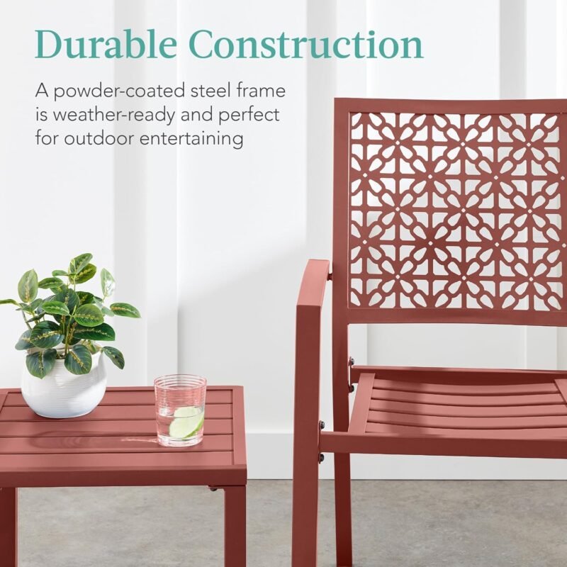 Best Choice Products 3-Piece Outdoor Bistro Set, Stackable Modern Steel Furniture for Porch, Garden w/ 2 Chairs, Table, Geometric Decor - Terra Cotta - Imagen 3