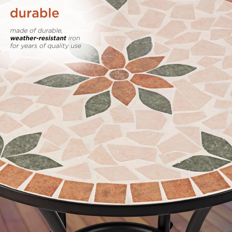Alpine Corporation Indoor/Outdoor 3-Piece Mosaic Bistro Set Folding Table and Chairs Patio Seating, Tan - Imagen 8