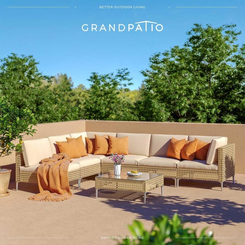 Grand patio 7-Piece Wicker Patio Furniture Set, Boho Outdoor Conversation Set Sectional Sofa with Water Resistant Thick Cushions and Coffee Table, Beige - Imagen 9