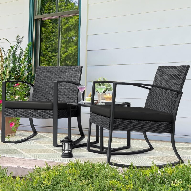 Homall Patio Furniture Set 3 Piece Resin Outdoor Bistro Set Rocking Patio Chairs with Cushions and Table for Porch, Poolside, Balcony and Yard (Black) - Imagen 6