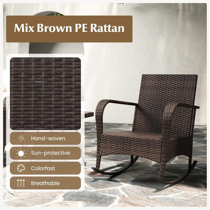Tangkula 3 Pieces Rocking Bistro Set, Patiojoy Outdoor PE Rattan Rocker Chairs with Removable Cushions & Tempered Glass Top Coffee Table, Outdoor Wicker Furniture Set for Porch, Garden (Brown) - Imagen 8