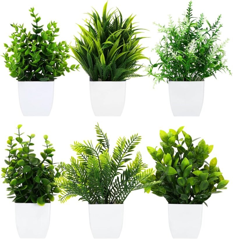 Royouzi 6 plantas artificiales, pequeñas plantas artificiales en maceta, plantas artificiales de plástico para dormitorio, baño, cocina, hogar, decoración interior con maceta, plantas falsas de