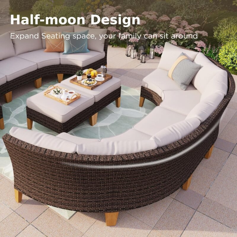 PHI VILLA 12 Pieces Patio Conversation Set Half Moon Wicker Outdoor Furniture Sofa Set Curved Circle Rattan Sofa for Garden - Imagen 4