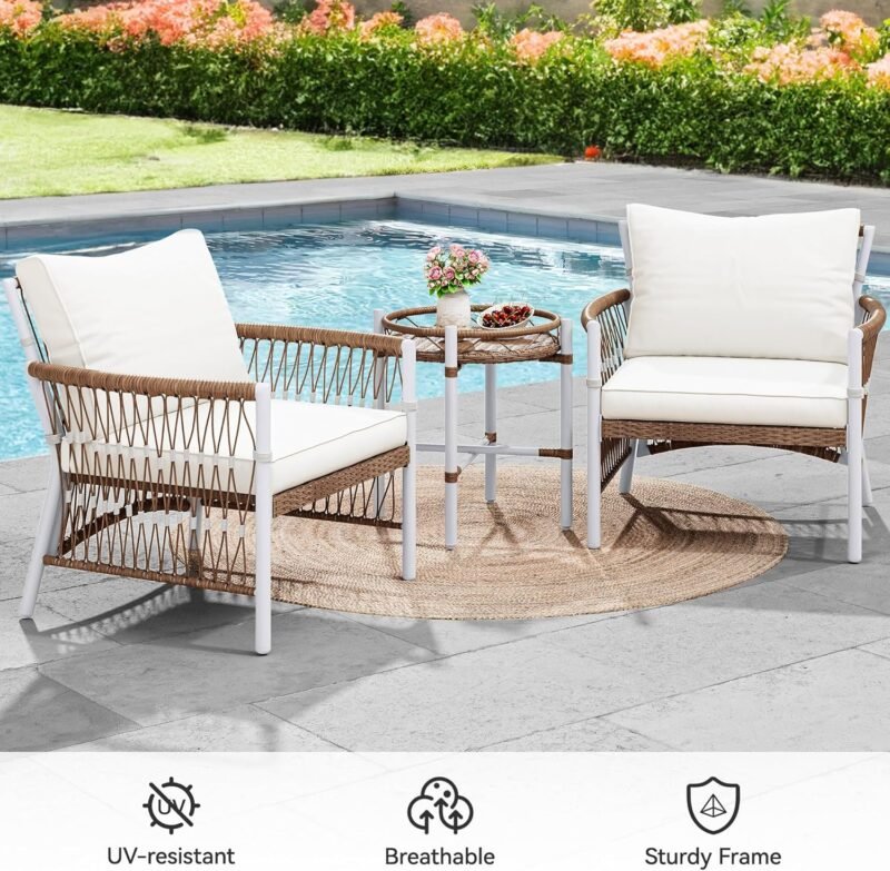 YITAHOME 3-Piece Outdoor Patio Furniture Wicker Bistro Set, All-Weather Rattan Conversation Chairs for Backyard, Balcony and Deck with Soft Cushions, Beige - Imagen 5