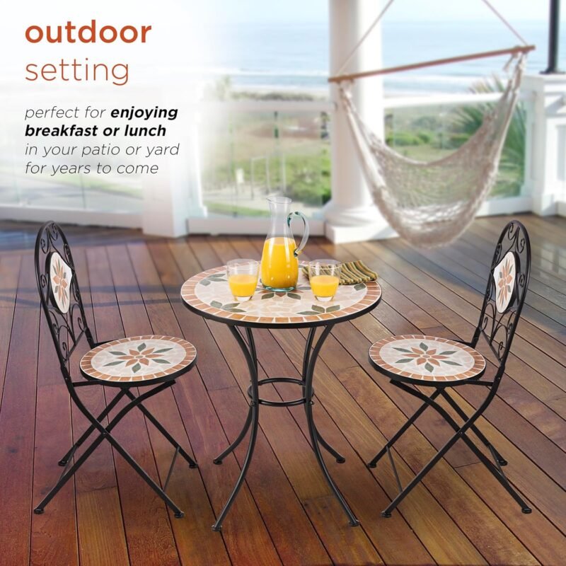 Alpine Corporation Indoor/Outdoor 3-Piece Mosaic Bistro Set Folding Table and Chairs Patio Seating, Tan - Imagen 6