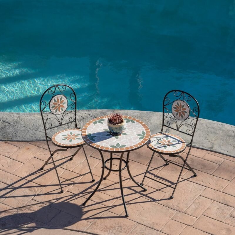 Alpine Corporation Indoor/Outdoor 3-Piece Mosaic Bistro Set Folding Table and Chairs Patio Seating, Tan - Imagen 2