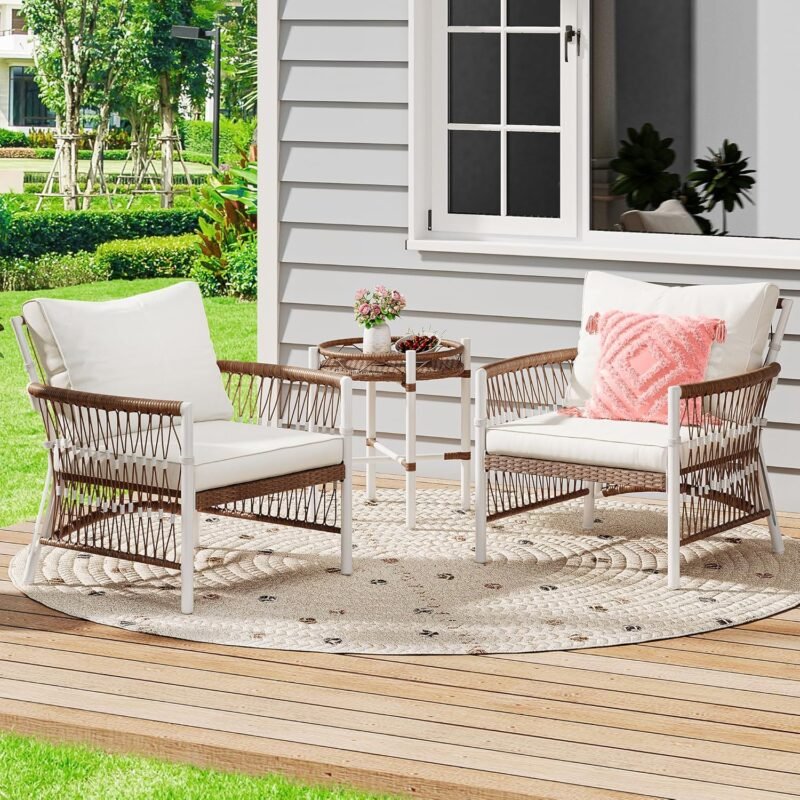 YITAHOME 3-Piece Outdoor Patio Furniture Wicker Bistro Set, All-Weather Rattan Conversation Chairs for Backyard, Balcony and Deck with Soft Cushions, Beige - Imagen 2