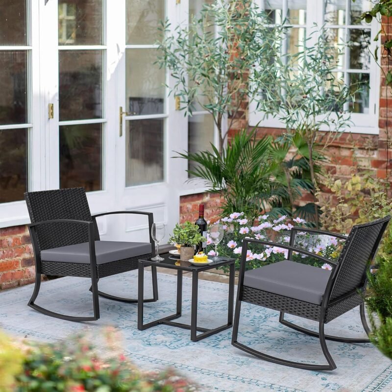 Greesum 3 Pieces Outdoor Furniture Set Patio Bistro Rocking Chairs with Glass Coffee Table for Pool Beach Backyard Balcony Porch Deck Garden, Gray - Imagen 3