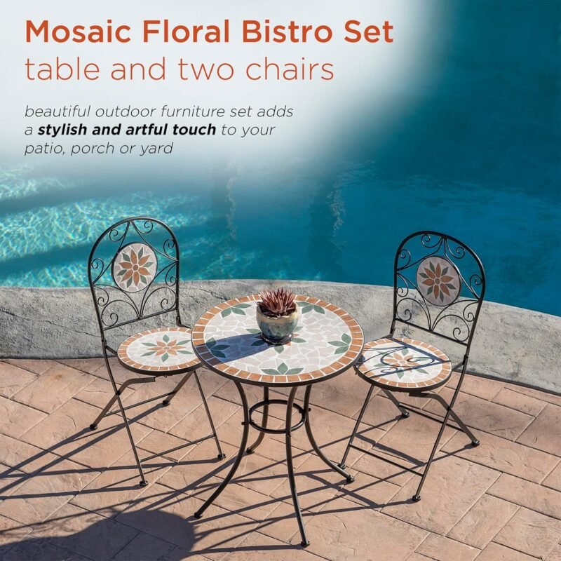 Alpine Corporation Indoor/Outdoor 3-Piece Mosaic Bistro Set Folding Table and Chairs Patio Seating, Tan - Imagen 5