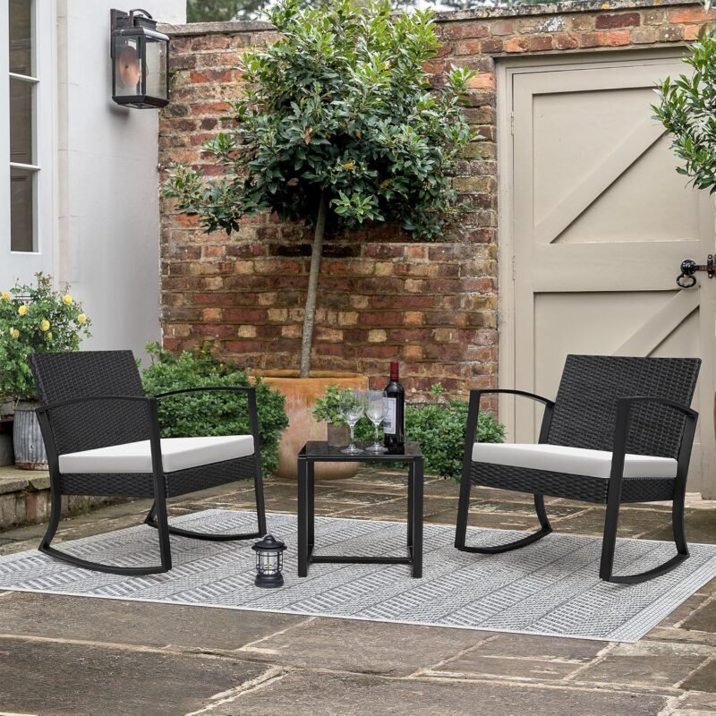 Greesum 3 Pieces Outdoor Furniture Set Patio Bistro Rocking Chairs with Glass Coffee Table for Pool Beach Backyard Balcony Porch Deck Garden, Gray - Imagen 2