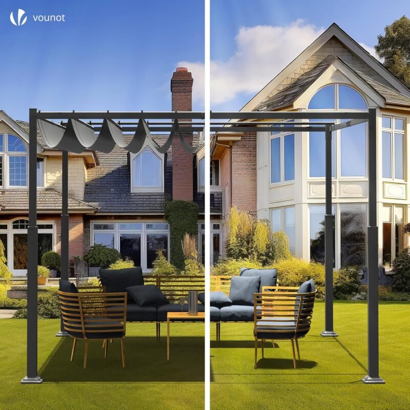 VOUNOT Pérgola Autoportante con Techo Retráctil 3x3m, Carpa Cenador Estructura Metálica, Lona Corredera Poliéster 180g/m², Refugio Pabellón de Jardín Diseño Elegante para Terraza Patio Exterior Gris - Imagen 7
