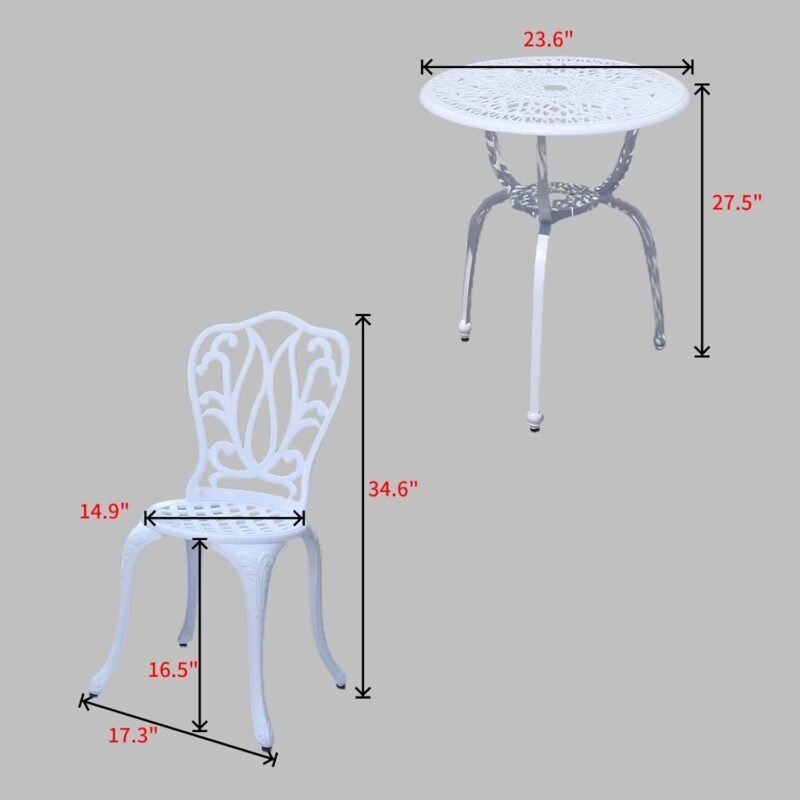 KAI LI Patio Bistro Sets 3 Piece cast Aluminum Patio Furniture Outdoor Garden Metal Rust Proof Tables and Chairs White bisrto Set (Big Tulip-White) - Imagen 2