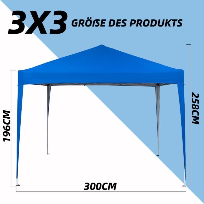 Mingone Carpa Plegable de 3x3 m para Acampar Pabellón de Jardín Protección UV Cenador Regulable en Altura para Exteriores, Fabricado en Tela Oxford, Azul con Bolsa - Imagen 6