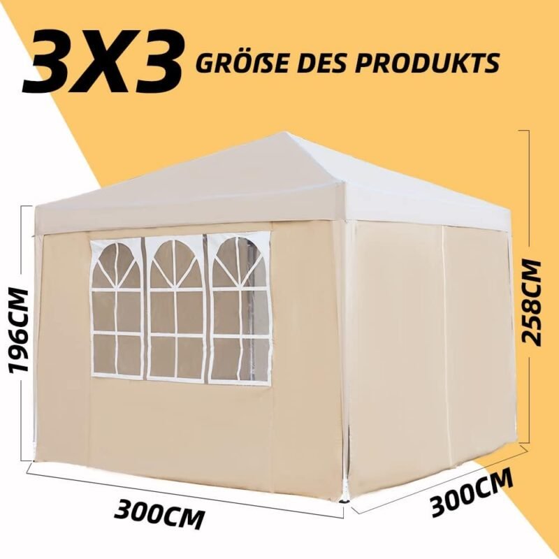 Mingone Carpa Plegable de 3x3 m para Acampar Pabellón de Jardín con 4 Paredes Laterales Protección UV Cenador Regulable en Altura para Exteriores, Fabricado en Tela Oxford, Beige con Bolsa - Imagen 6