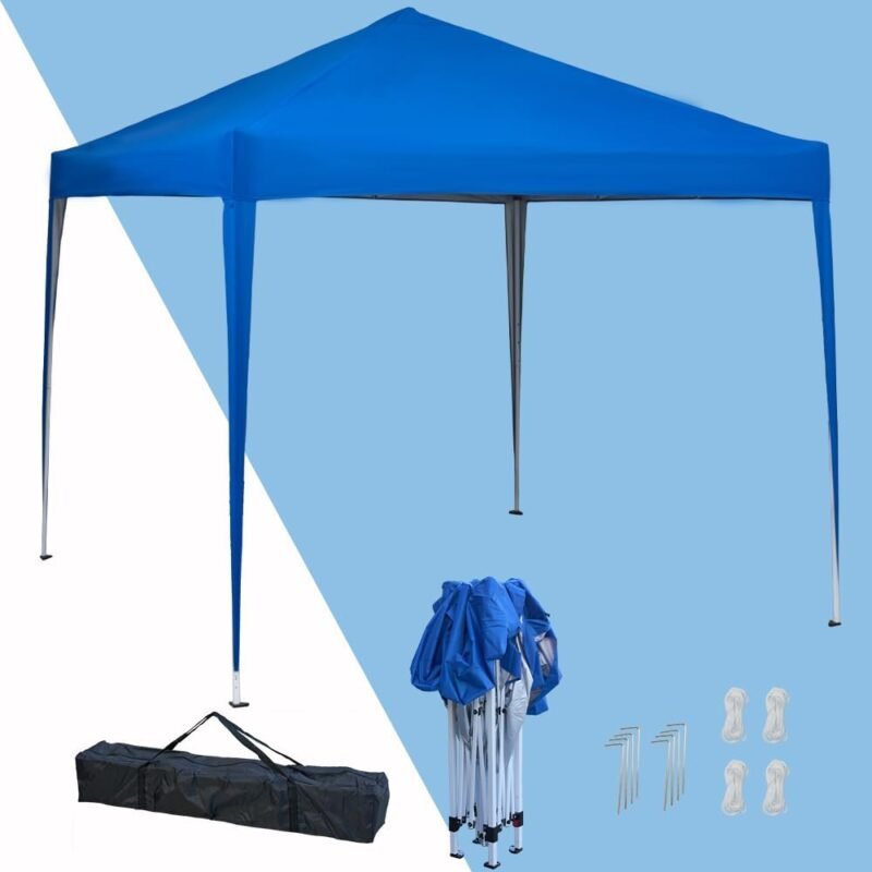 Mingone Carpa Plegable de 3x3 m para Acampar Pabellón de Jardín Protección UV Cenador Regulable en Altura para Exteriores, Fabricado en Tela Oxford, Azul con Bolsa