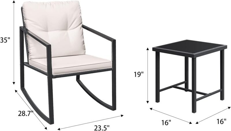 Greesum 3 Pieces Rocking Wicker Bistro Set, Patio Outdoor Furniture Conversation Sets with Porch Chairs and Glass Coffee Table, Beige - Imagen 7