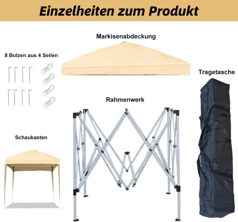 Mingone Carpa plegable resistente al agua de 2 x 2 m, para fiestas, plegable, para jardín, tienda de campaña para jardín, tienda de campaña para cerveza, estable, protección UV 50+(beige, sin 4 - Imagen 2