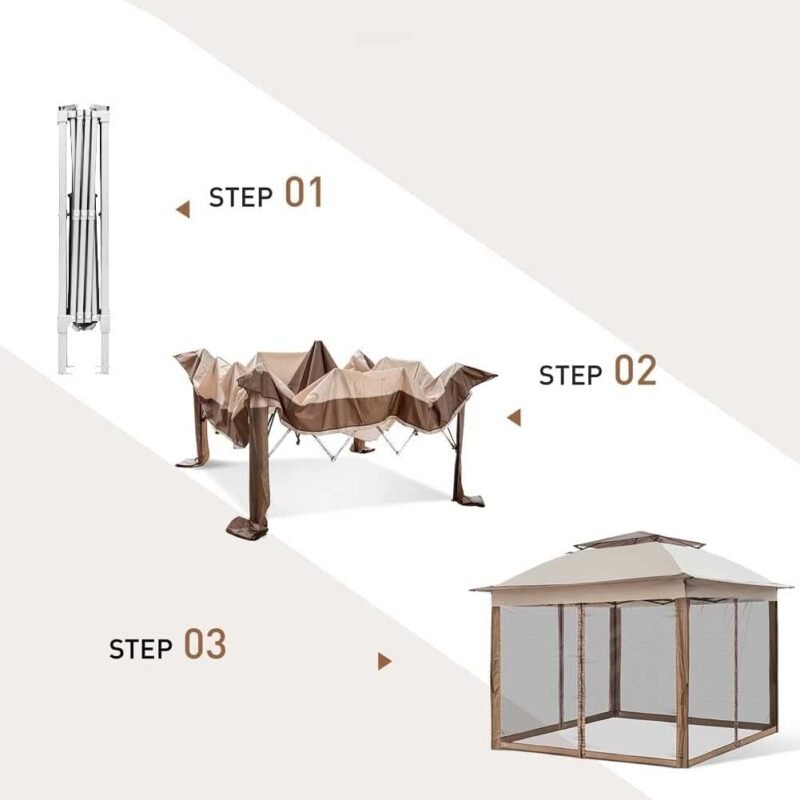 BAKAJI Gazebo de 3 x 3 Metros Plegable con mosquiteras de Tela de poliéster Impermeable, Estructura de Metal Plegable para acordeón, Carpa portátil, Feria, Mercado de jardín, Exterior, Funda Beige - Imagen 5