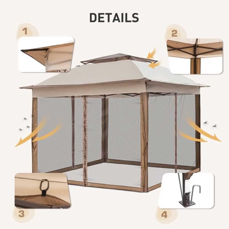 BAKAJI Gazebo de 3 x 3 Metros Plegable con mosquiteras de Tela de poliéster Impermeable, Estructura de Metal Plegable para acordeón, Carpa portátil, Feria, Mercado de jardín, Exterior, Funda Beige - Imagen 4