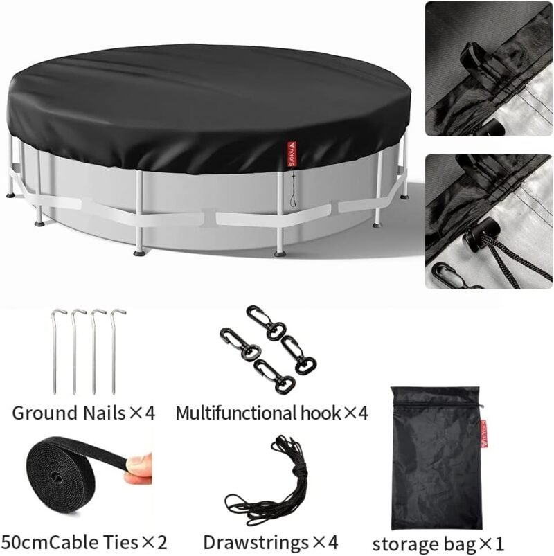 VniYors Cobertor Piscina 550,Tarea Pesada 210D Lona Piscina, Cubre Piscinas Redondas Resistente Al Agua, Al Polvo Y Al Desgarro con CordóN Y Clavos De Tierra（550cm）- Negro - Imagen 5