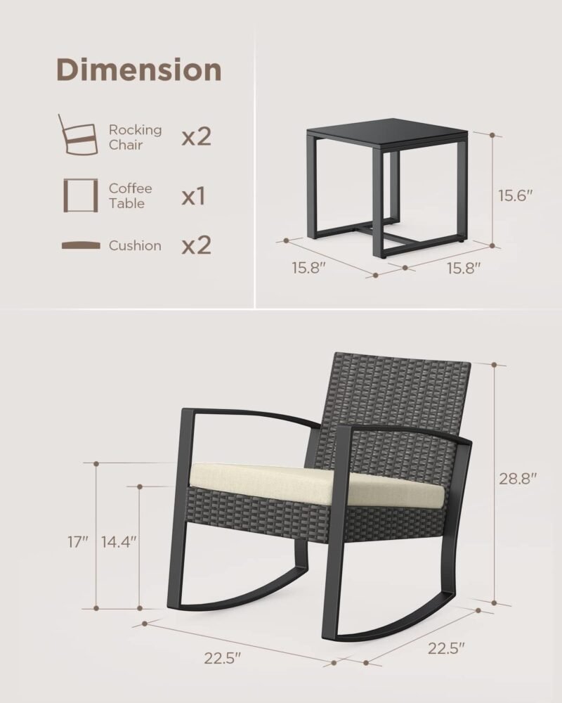 Aiho 3 Pieces Patio Furniture Set, Outdoor Wicker Bistro Rocking Chair Sets with Cushion, Porch Furniture Set with Glass Table, Modern Rattan Conversation Sets for Porches and Balcony, Beige Cushion - Imagen 3