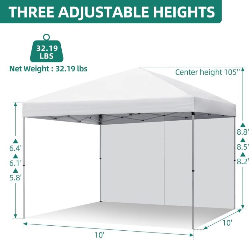 YITAHOME Cenador plegable 3 x 3, resistente al agua, estable, plegable, con 1 pared lateral, carpa para fiestas, protección UV 50+, altura ajustable para exterior, mercado, jardín, patio (blanco) - Imagen 5