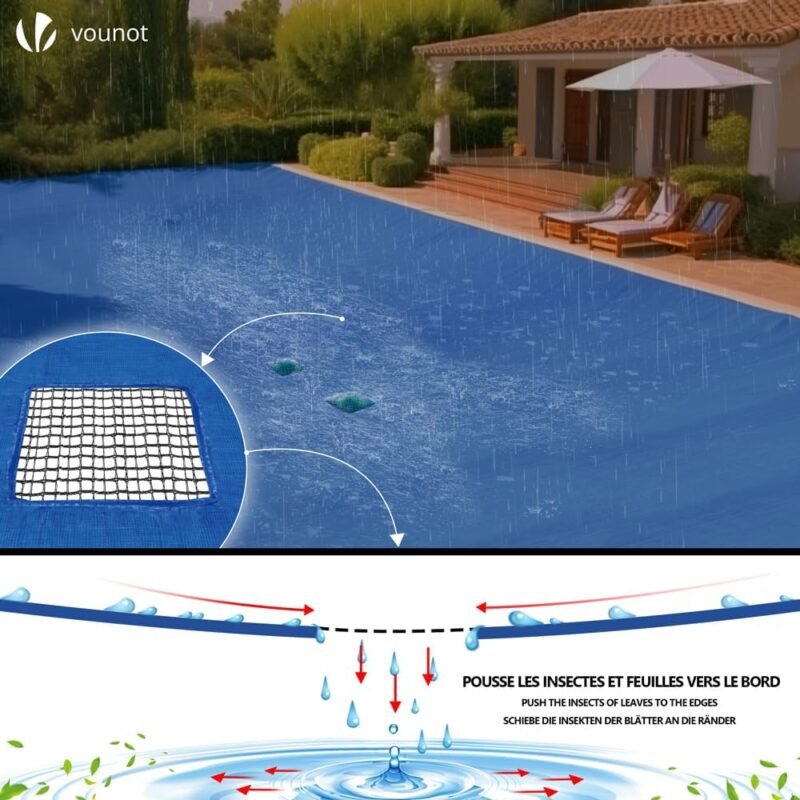 VOUNOT Lona para Piscina Rectangular 14 x 8 m, Cubierta Protectora PE de 160 g/m² con Red Central de Drenaje, Funda de Piscinas Anti-UV con Ojales Cada 100 cm, Azul-Gris - Imagen 4