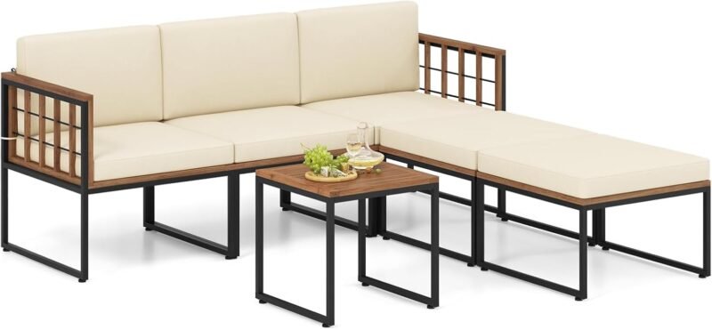 Tangkula 6 Pieces Acacia Wood Patio Furniture Set, Patiojoy Outdoor Sectional Conversation Sofa Set with Cushions, Coffee Table and Ottomans, Patio Seating Sofas for Garden, Poolside, Backyard (Beige)