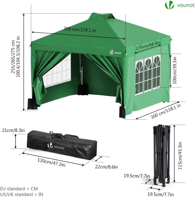VOUNOT Carpa Plegable Gazebo 3x3m Botón Central, Cenador Pabellón de Jardín con Paredes Laterales, Sacos Arena y Bolsa de Transporte, Pérgola Tienda Protección UV para Camping Fiestas Exterior, Verde - Imagen 6