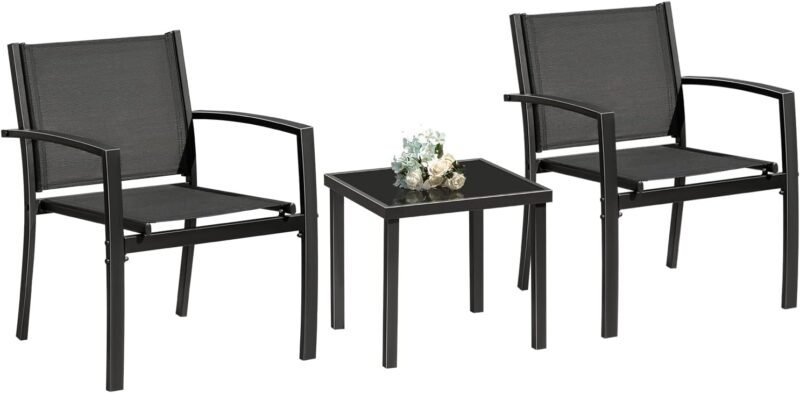 Greesum 3 Pieces Patio Furniture Outdoor Bistro Set Textilene Fabric Chairs for Lawn, Garden, Balcony, Poolside with A Glass Coffee Table, Black - Imagen 2