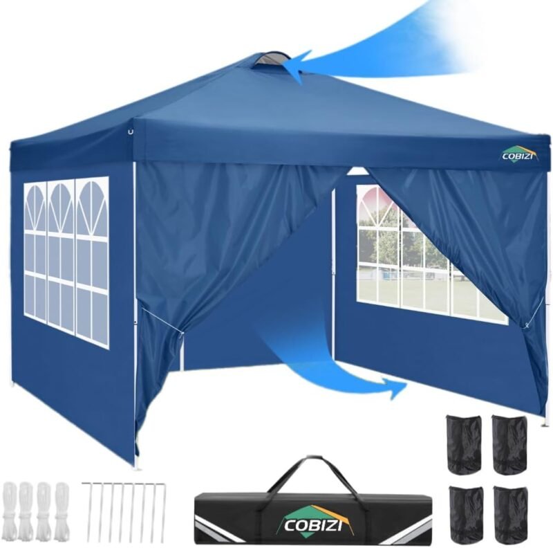 COBIZI 3x3 Pergolas de Jardín, Protección UV Carpas para Exteriores, Impermeable Cenadores para Jardin, Cubra con Respiraderos, con 4 Paredes y 4 Bolsas de Arena,para Camping, Fiestas, Azul