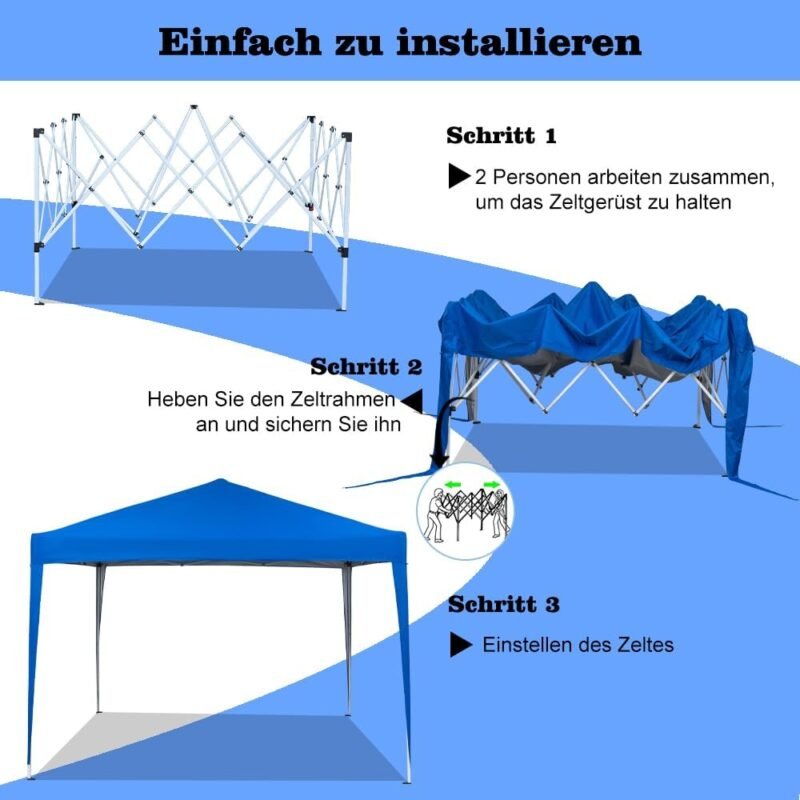 Mingone Carpa Plegable de 3x3 m para Acampar Pabellón de Jardín Protección UV Cenador Regulable en Altura para Exteriores, Fabricado en Tela Oxford, Azul con Bolsa - Imagen 2