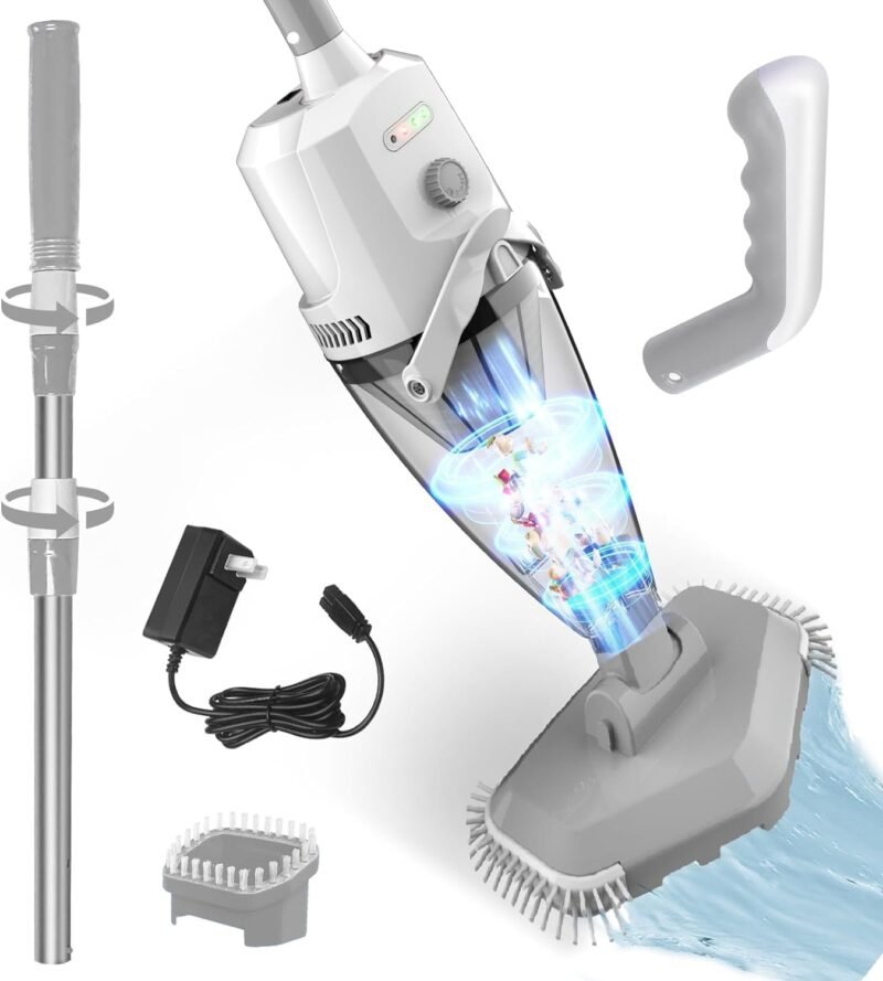 PoolyPoly Aspirador de Piscina Inalámbrica con Succión Fuerte, Limpiafondos Piscina a Bateria con Mango Telescópico, 1,8Litros de Filtro, Aspiradora Manual para Jacuzzi, SPA, Piscina, Gris