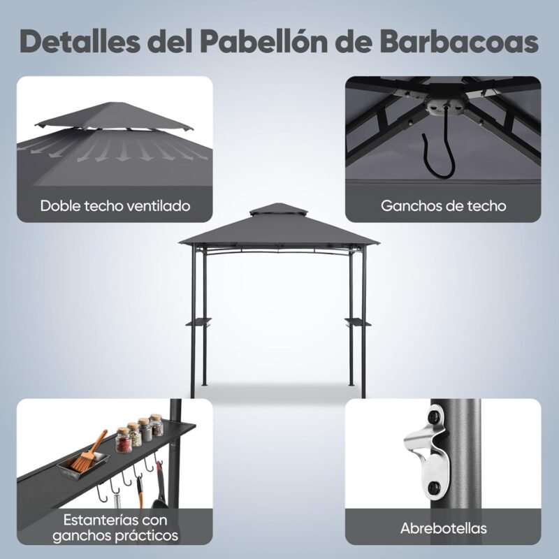 Sekey Cenador para Jardin Impermeable Carpa de Jardín 245x150 cm, Pabellón de Jardín para Parrillas Fiestas Picnics Barbacoas, UV50+, Gris - Imagen 6