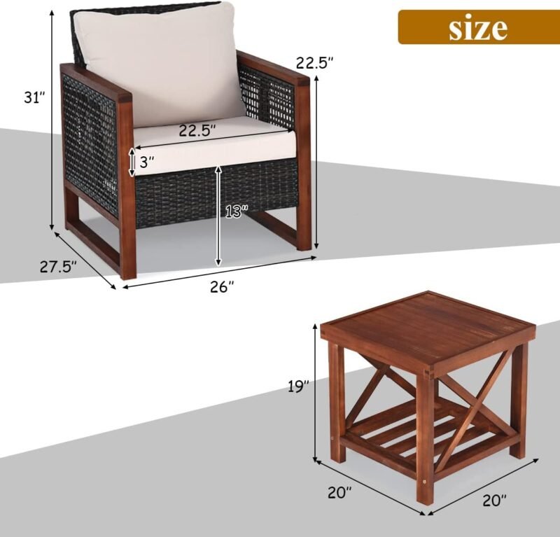 Tangkula 3 Pieces Patio Wicker Furniture Set, Rattan Outdoor Sofa Set w/Washable Cushion & Acacia Wood Coffee Table, Conversation Bistro Set for Garden Balcony Backyard (Beige) - Imagen 5