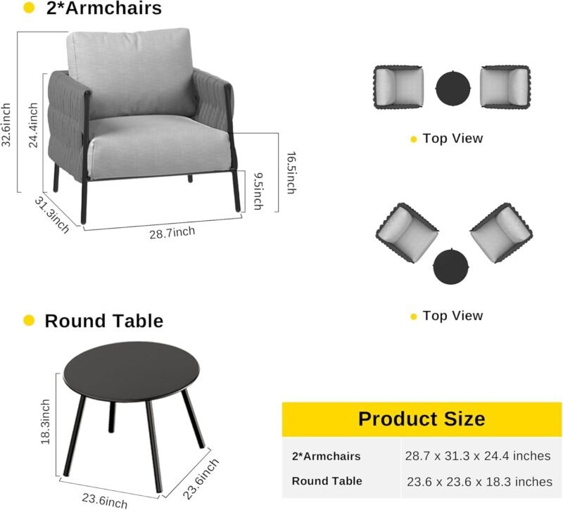 EAST OAK Life Chatter 3 Pieces Patio Furniture Set, Armchairs with Coffee Table, Modern Outdoor Sofa Set Deep Seating for Garden Porch, Earth Black & - Imagen 8