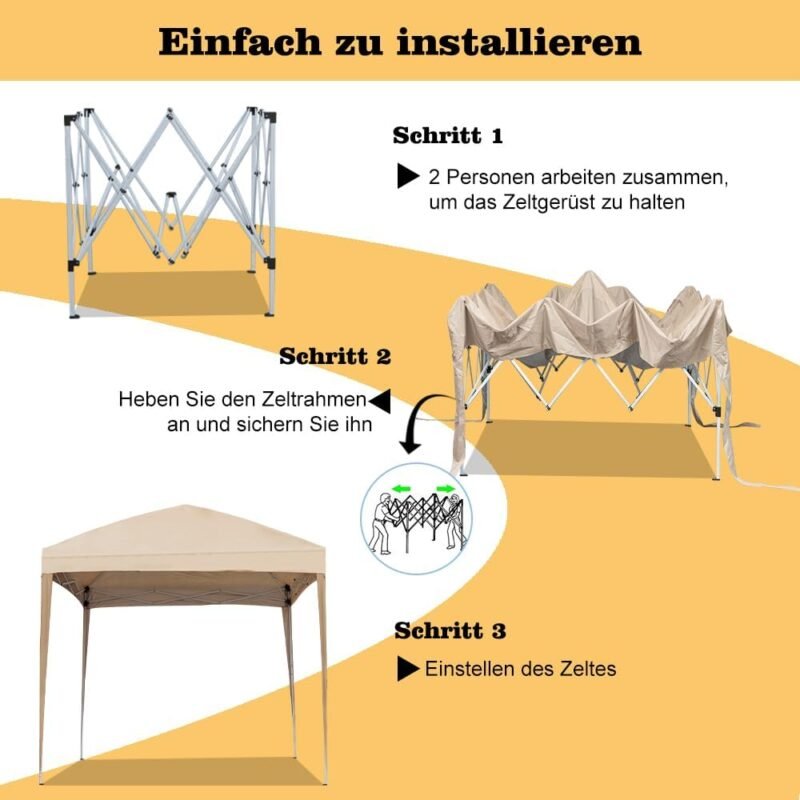 Mingone Carpa Plegable de 2x2 m para Acampar Pabellón de Jardín Protección UV Cenador Regulable en Altura para Exteriores, Fabricado en Tela Oxford, Beige con Bolsa - Imagen 2