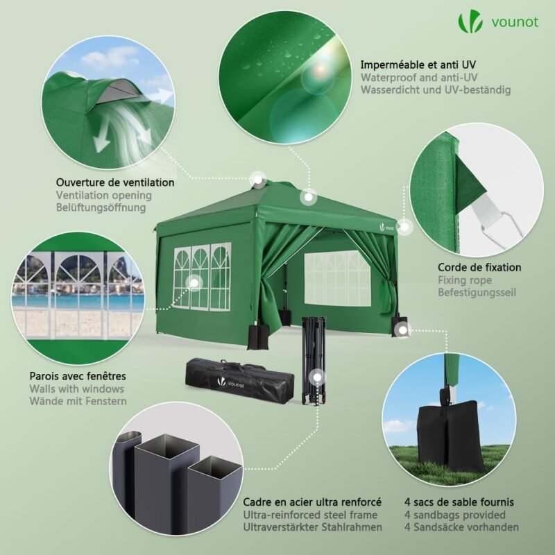VOUNOT Carpa Plegable Gazebo 3x3m Botón Central, Cenador Pabellón de Jardín con Paredes Laterales, Sacos Arena y Bolsa de Transporte, Pérgola Tienda Protección UV para Camping Fiestas Exterior, Verde - Imagen 5