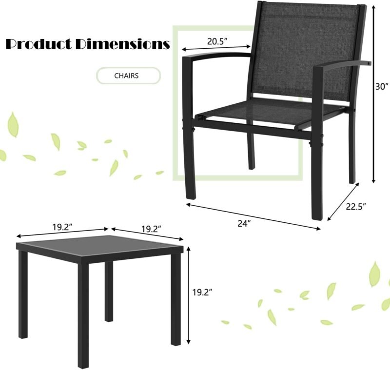 Greesum 3 Pieces Patio Furniture Set Outdoor Conversation Textilene Fabric Chairs for Lawn, Garden, Balcony, Poolside with A Glass Coffee Table, Black - Imagen 7