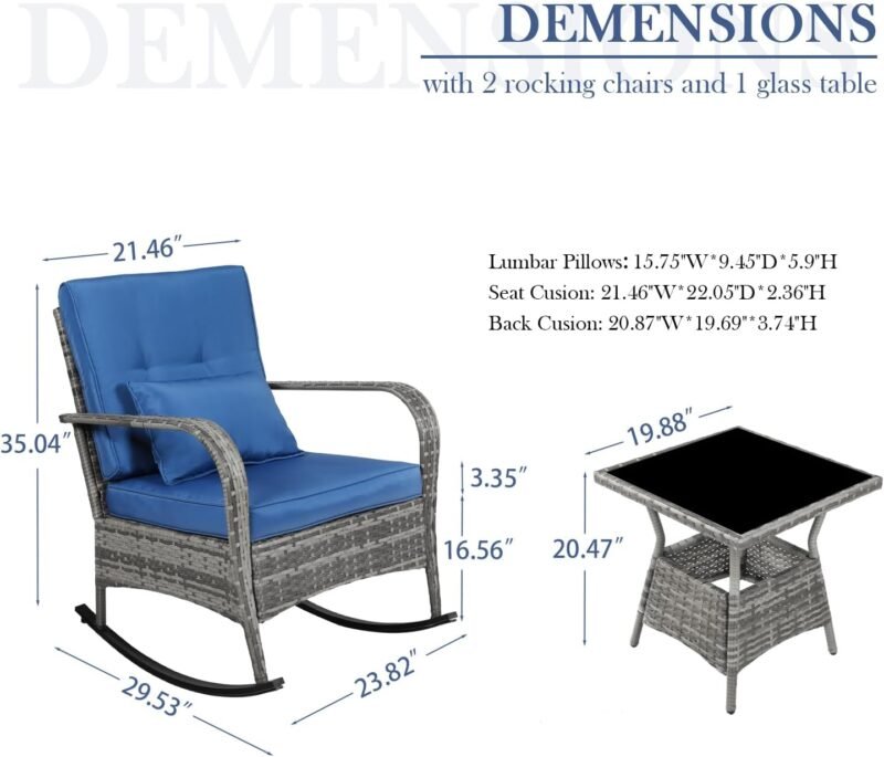 3 Pieces Patio PE Rattan Conversation Chair Set, Outdoor Furniture Rocking Chair Set with Water-Proof Cushion&Coffee Table for Garden,Backyard and Porch (Dark Blue) - Imagen 7