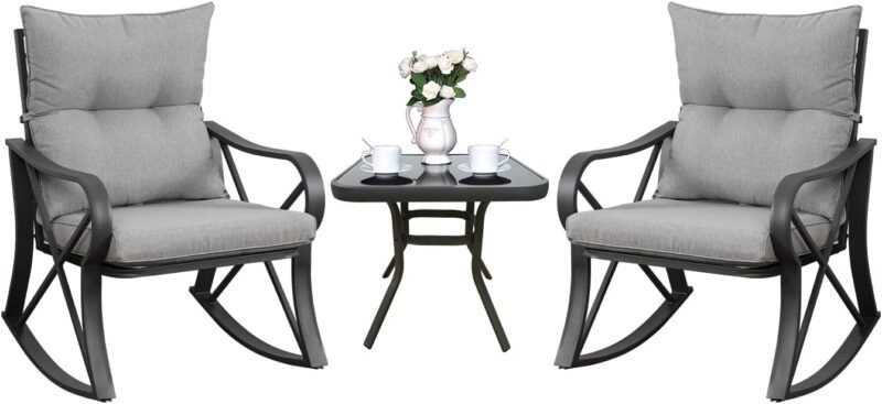 COSIEST 3 Piece Bistro Set Patio Rocking Chairs Outdoor Furniture w Warm Gray Cushions, Glass-Top Table for Garden, Pool, Backyard