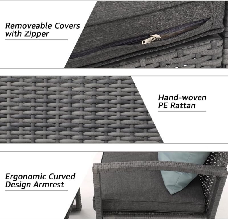 Patiorama 3 Piece Outdoor Patio Furniture Conversation Set, Rattan Chair Set With Coffee Table, For Garden, Balcony, Backyard, Poolside (Dark Grey) - Imagen 5