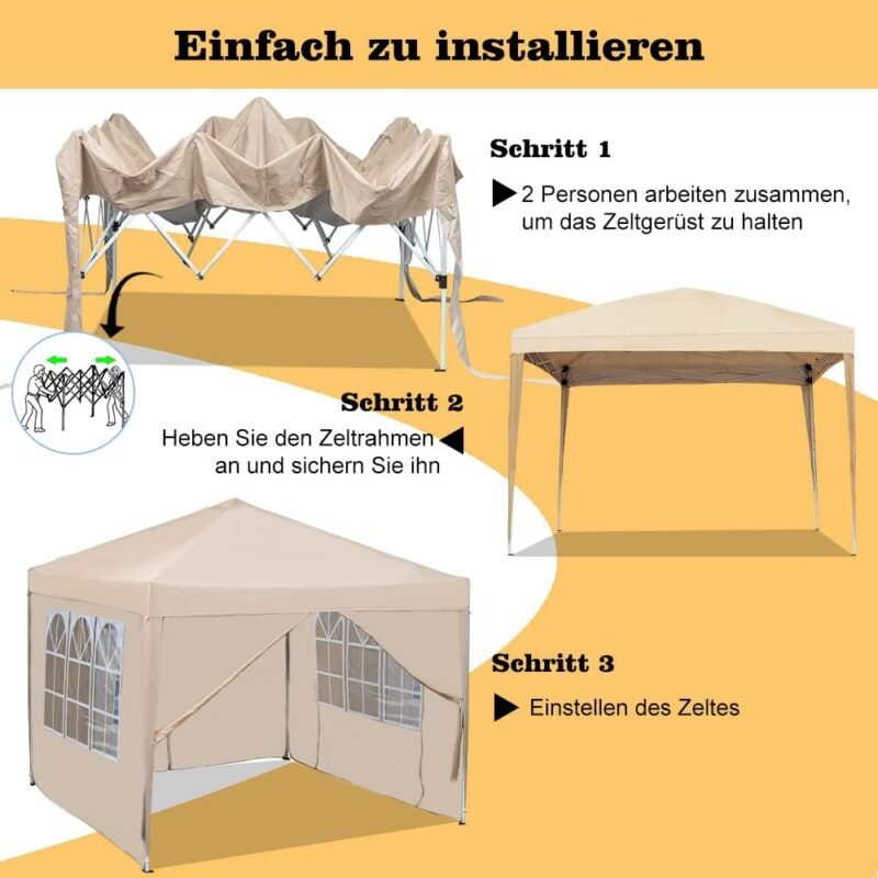 Mingone Carpa Plegable de 3x3 m para Acampar Pabellón de Jardín con 4 Paredes Laterales Protección UV Cenador Regulable en Altura para Exteriores, Fabricado en Tela Oxford, Beige con Bolsa - Imagen 2