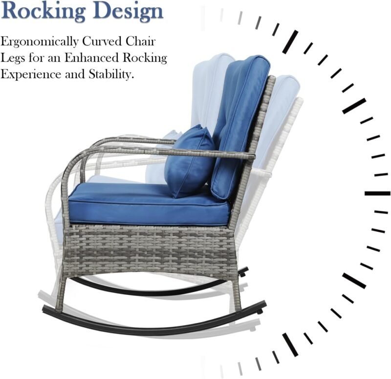 3 Pieces Patio PE Rattan Conversation Chair Set, Outdoor Furniture Rocking Chair Set with Water-Proof Cushion&Coffee Table for Garden,Backyard and Porch (Dark Blue) - Imagen 4