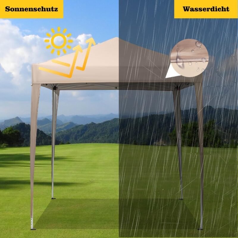 Mingone Carpa Plegable de 2x2 m para Acampar Pabellón de Jardín Protección UV Cenador Regulable en Altura para Exteriores, Fabricado en Tela Oxford, Beige con Bolsa - Imagen 4