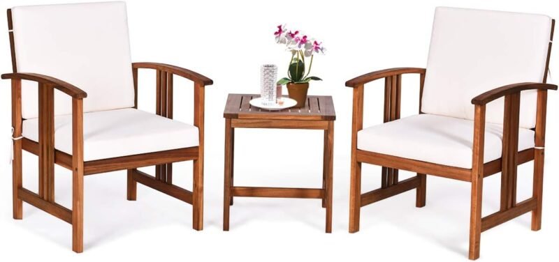 Tangkula 3 Pieces Patio Furniture Set, Includes Set of 2 Outdoor Acacia Wood Cushioned Chairs and Coffee Table, for Garden, Backyard, Poolside, Bistro and Deck, Patio Conversation Chat Set (White)