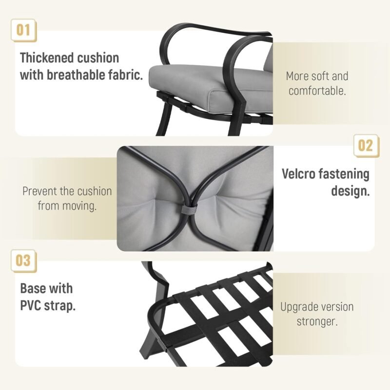 SUNCROWN Outdoor 3-Piece Rocking Chairs Patio Bistro Set Black Steel Furniture with Thickened Cushion and Glass-Top Coffee Table, Grey - Imagen 7
