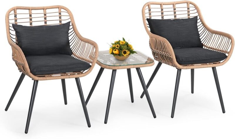 Verano Garden 3 Piece Patio Bistro Set, Outdoor Wicker Conversation Chair Sets Balcony Furniture,Coffee Table with Glass Top, Cushions & Lumbar Pillows for Porch, Backyard, Deck, Poolside