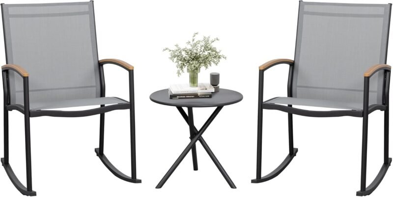 JAMFLY 3 Pieces Patio Set Outdoor Patio Furniture Sets, Modern Rocking Bistro Set Textilene Chair Conversation Sets with Detachable Pedal and Coffee Table (Light Gray)